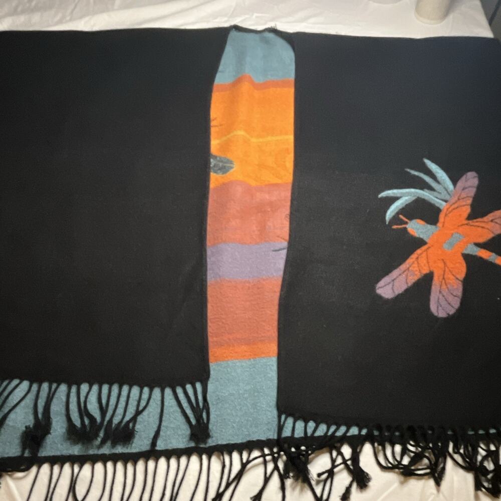 Women’s Black Open-Front Fringe Shawl/Wrap with Dragonfly Print - Picture 2 of 5